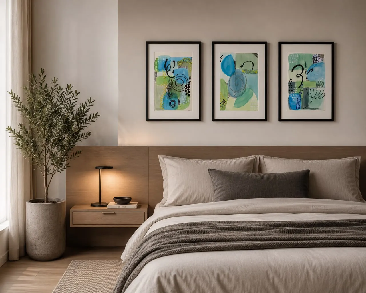 Tres obras de la serie verde sobre una cama