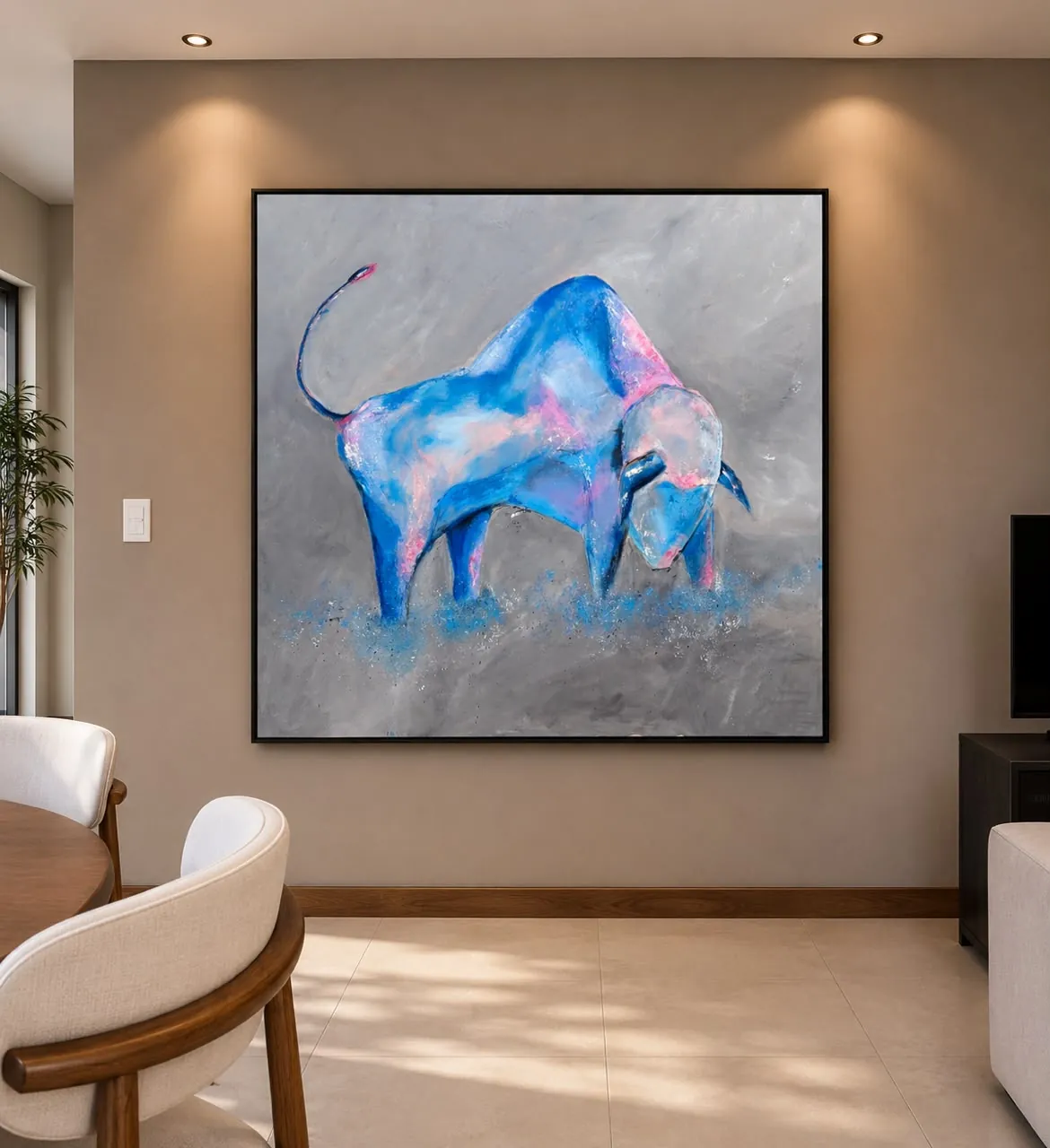 Toro azul en la pared de un living