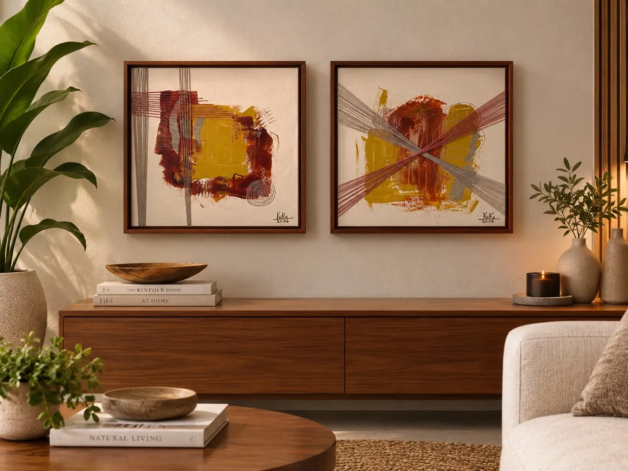 Hilos I y Hilos II sobre un mueble de madera