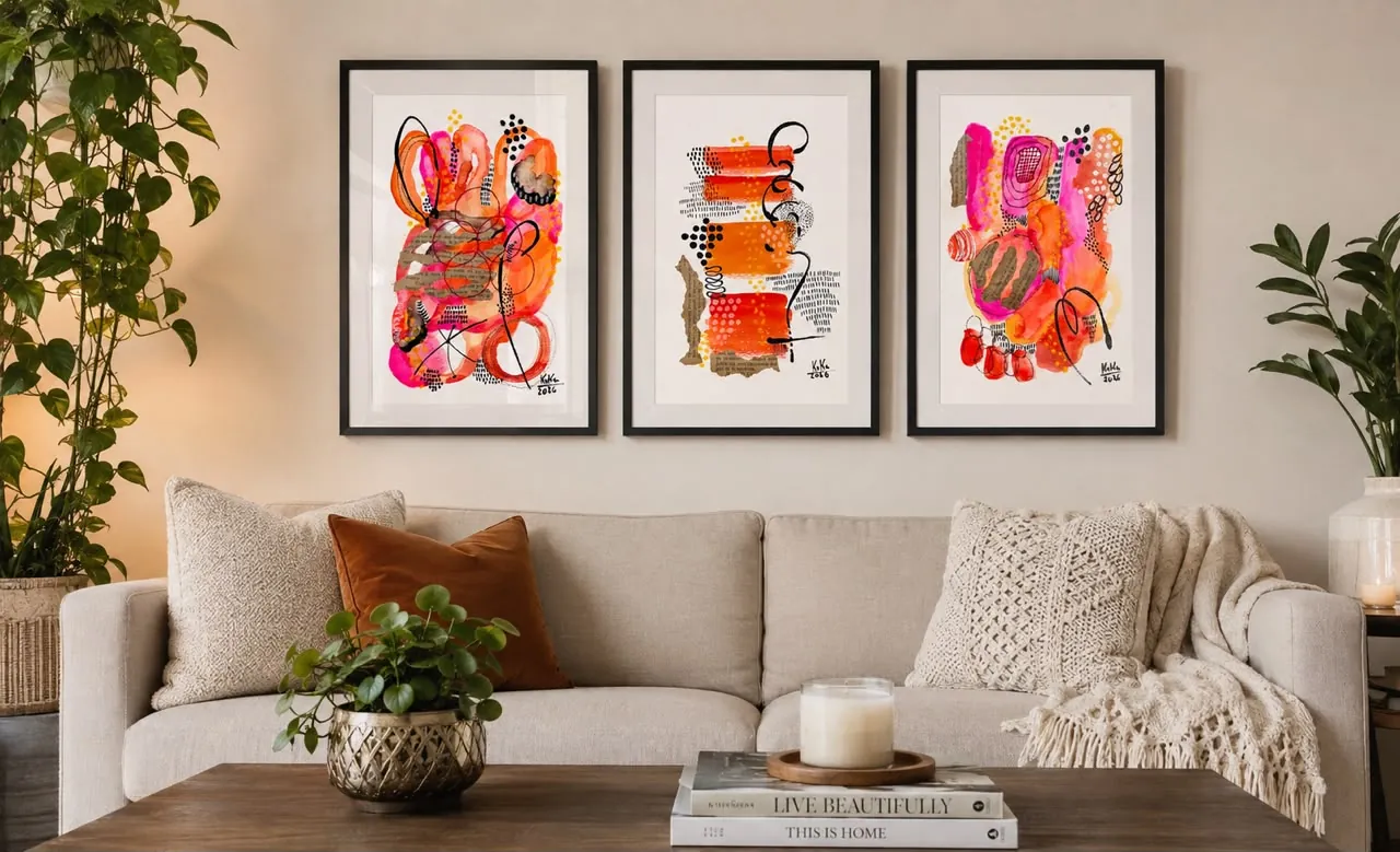 Tres obras de la serie fucsia sobre un sillón