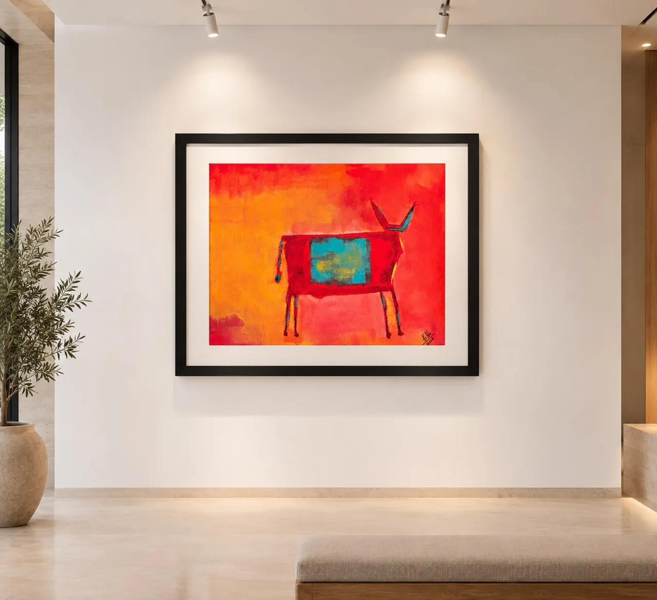 Animal rojo en la pared de un hall